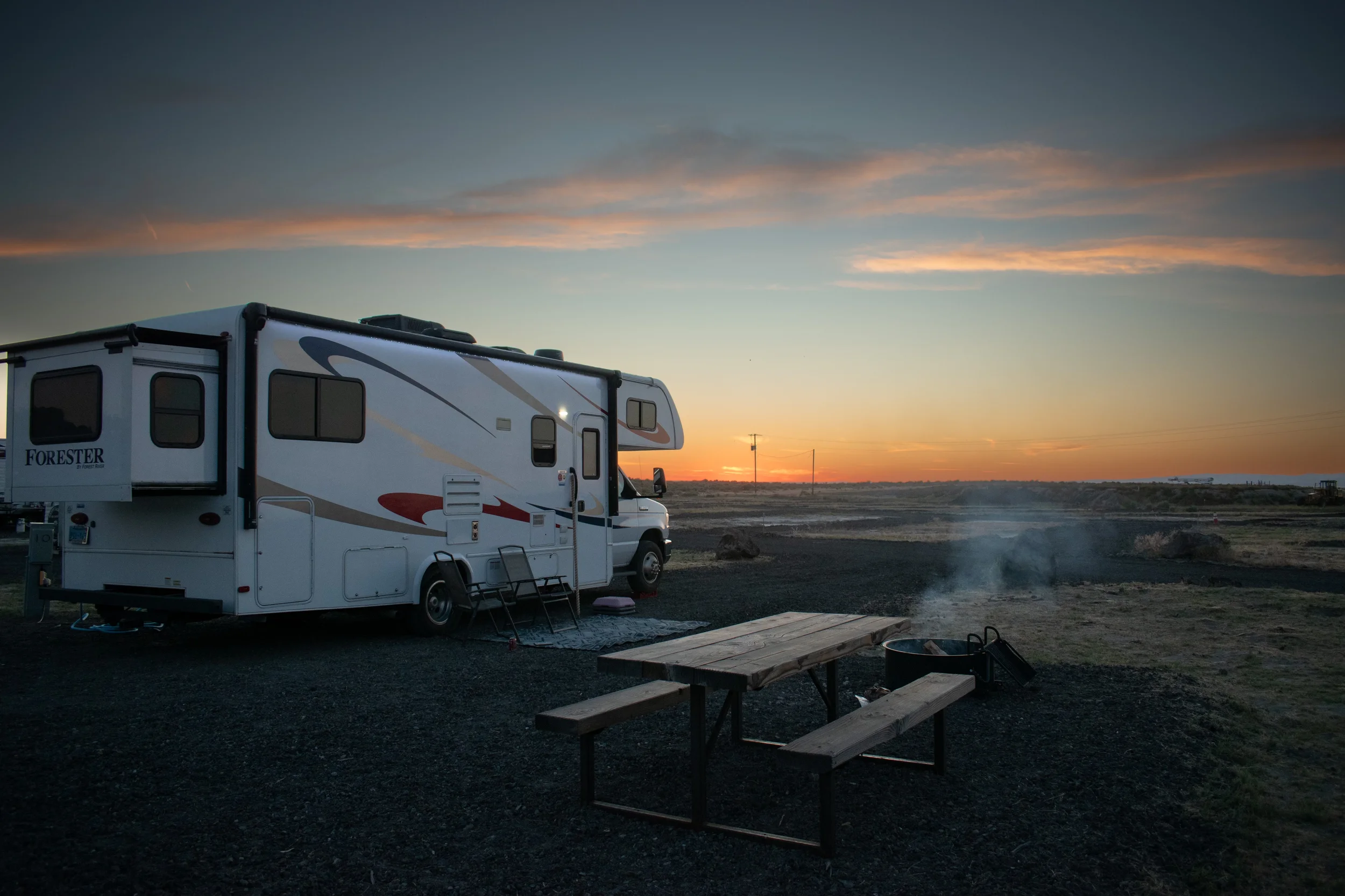 rv pictured in rv site with sunset